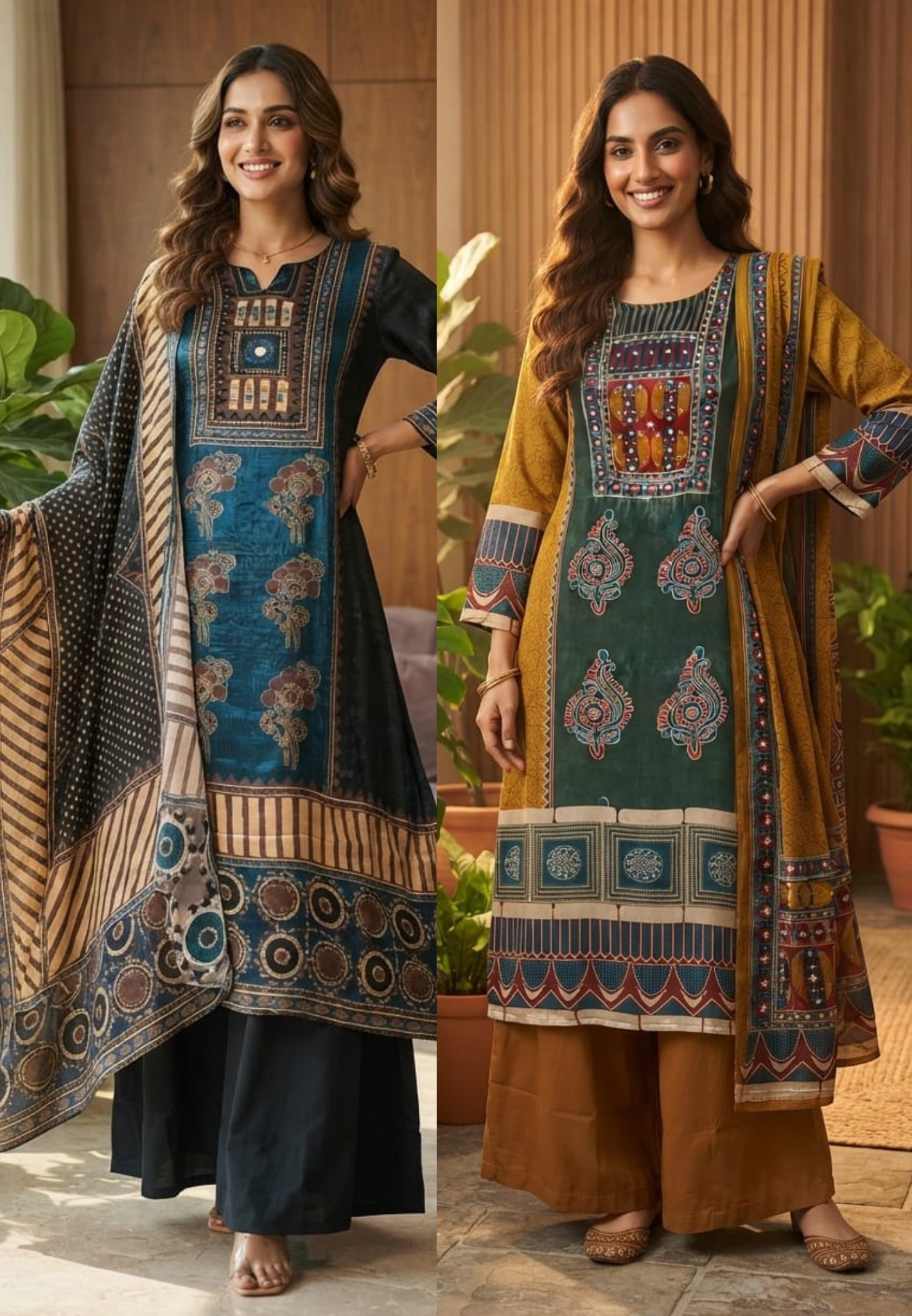 Butter Shine Gajji Silk Fabric Abstract Ajrakh Print Full Suit Set With Dupatta- 15624, 15621