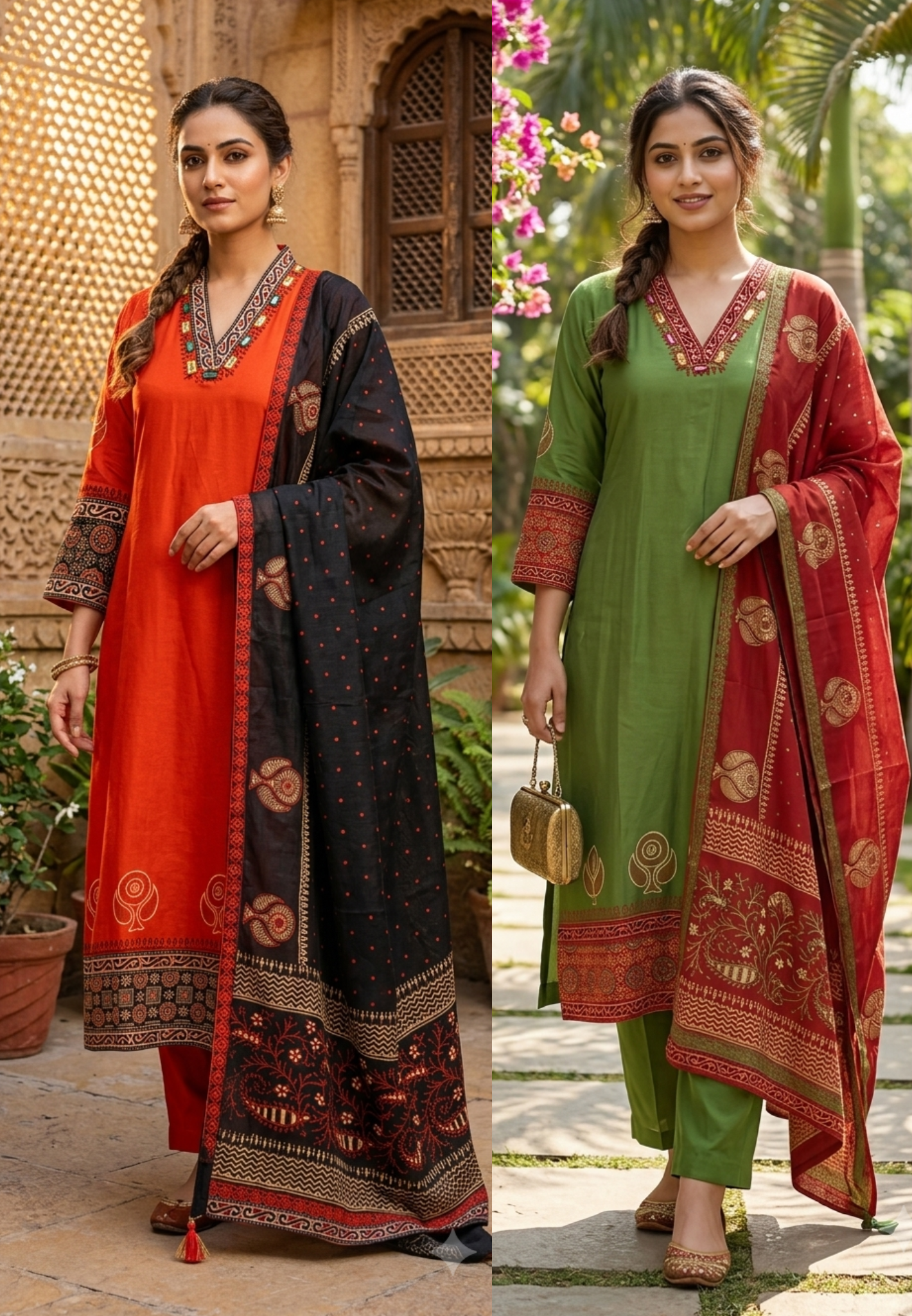 Dual Color Combination Ethnic Printed Full Suit Set With Dupatta- 15637