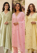 Crosia Neckline Cute Tiny Floral Embroidery Solid Color Cotton Full Suit Set With Dupatta- 15652
