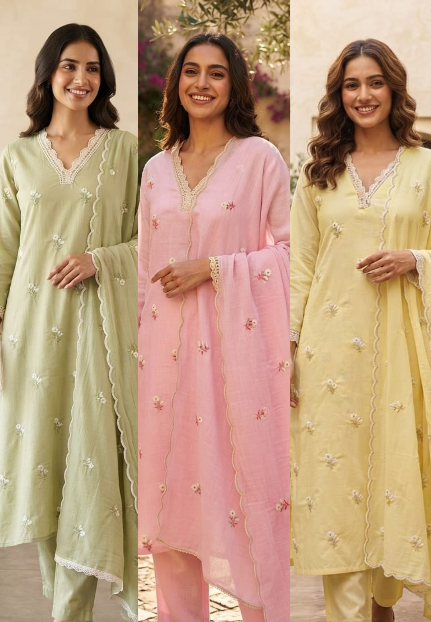 Crosia Neckline Cute Tiny Floral Embroidery Solid Color Cotton Full Suit Set With Dupatta- 15652