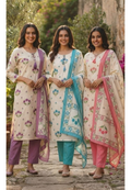 Cute Floral Motifs Watermark Look Tassel Accent Cotton Full Suit Set With Dupatta- 15666