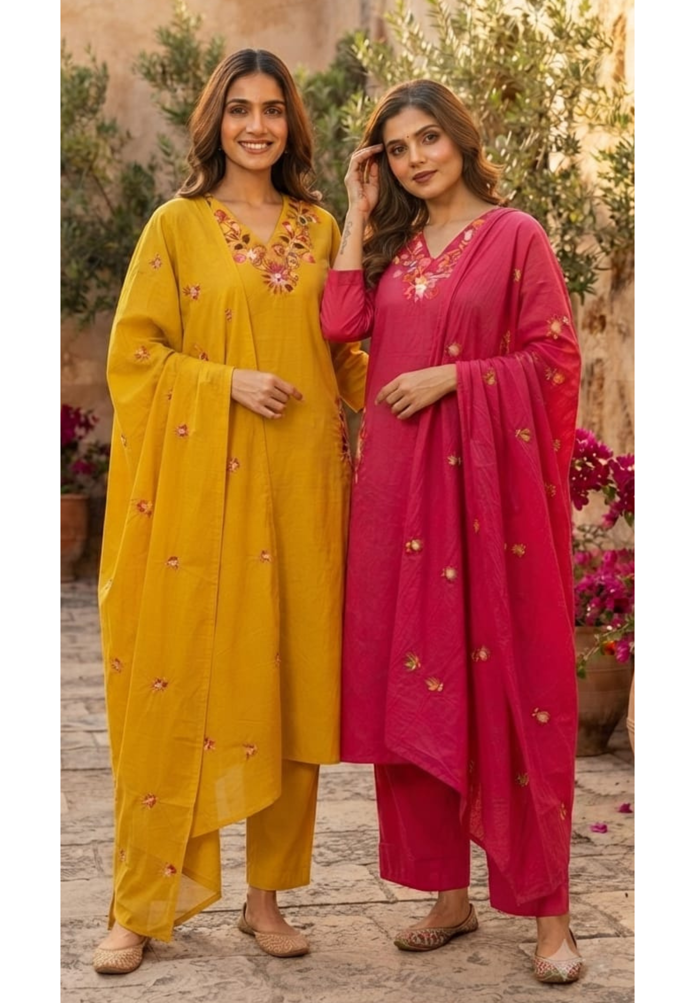 Solid A-Line Full Suit Set With Multicolor Contrasted Floral Embroidery Over Neckline- 15667