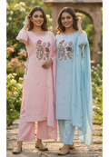 Contrasted Mossaic Floral Embroidery With Foil Mirror Touch Sili Cotton A-Line Full Suit Set With Dupatta- 15671