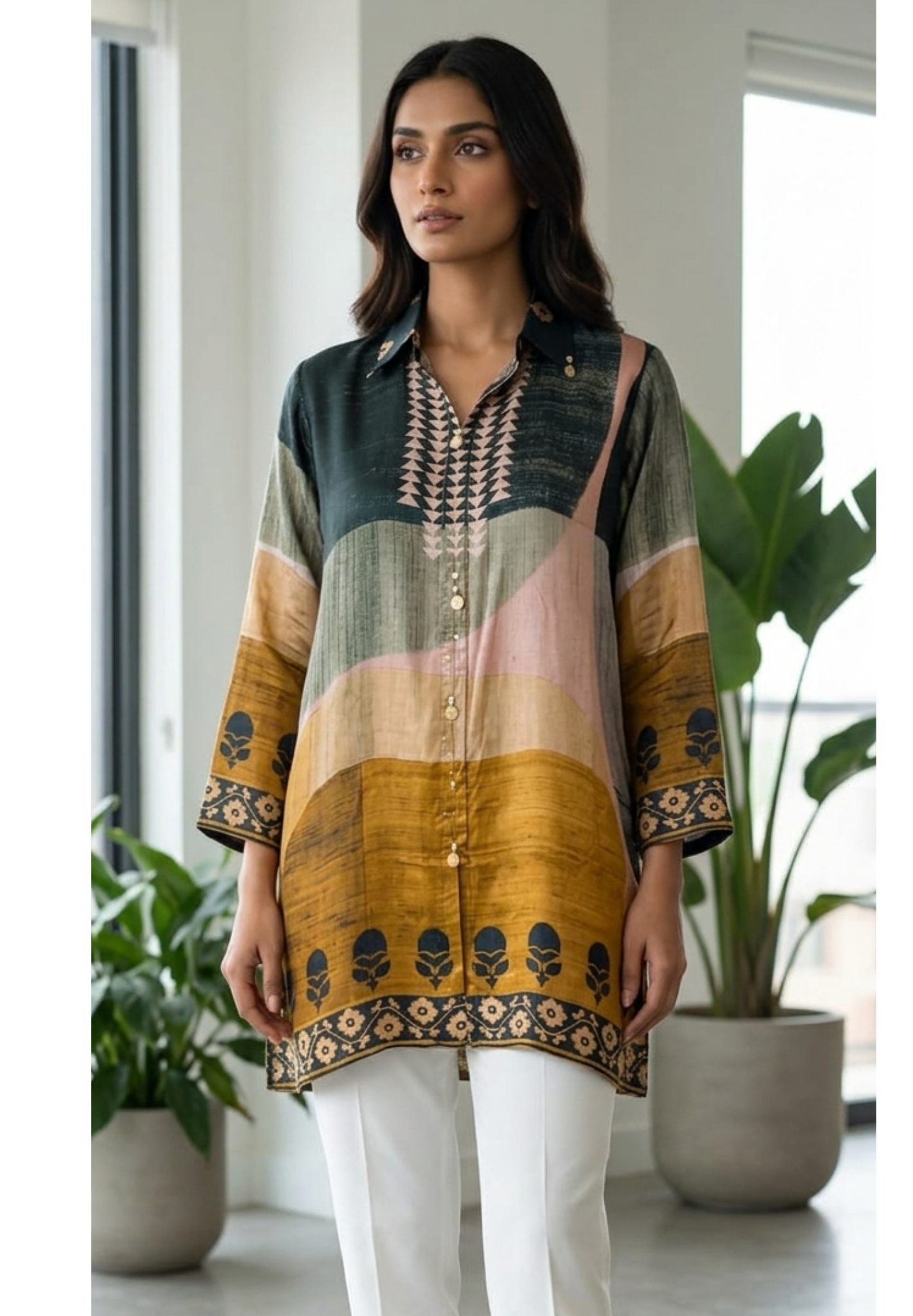 Beautiful Illusional Multi Tone Printed Crepe Shirt- 15634