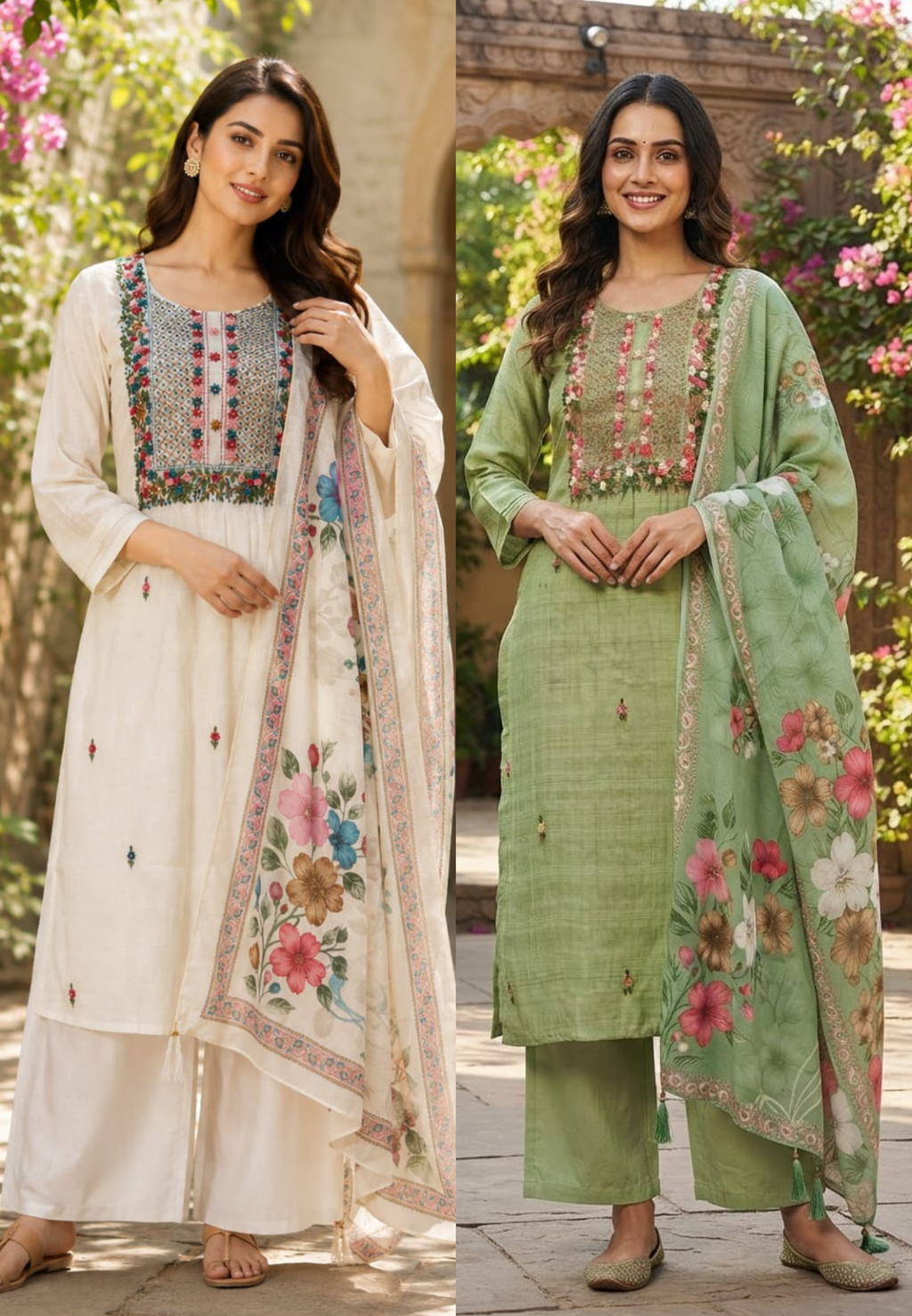 Off-White Floral & Sage Green Thread Embroidered Ethnic Full Suit Set With Dupatta- 15747