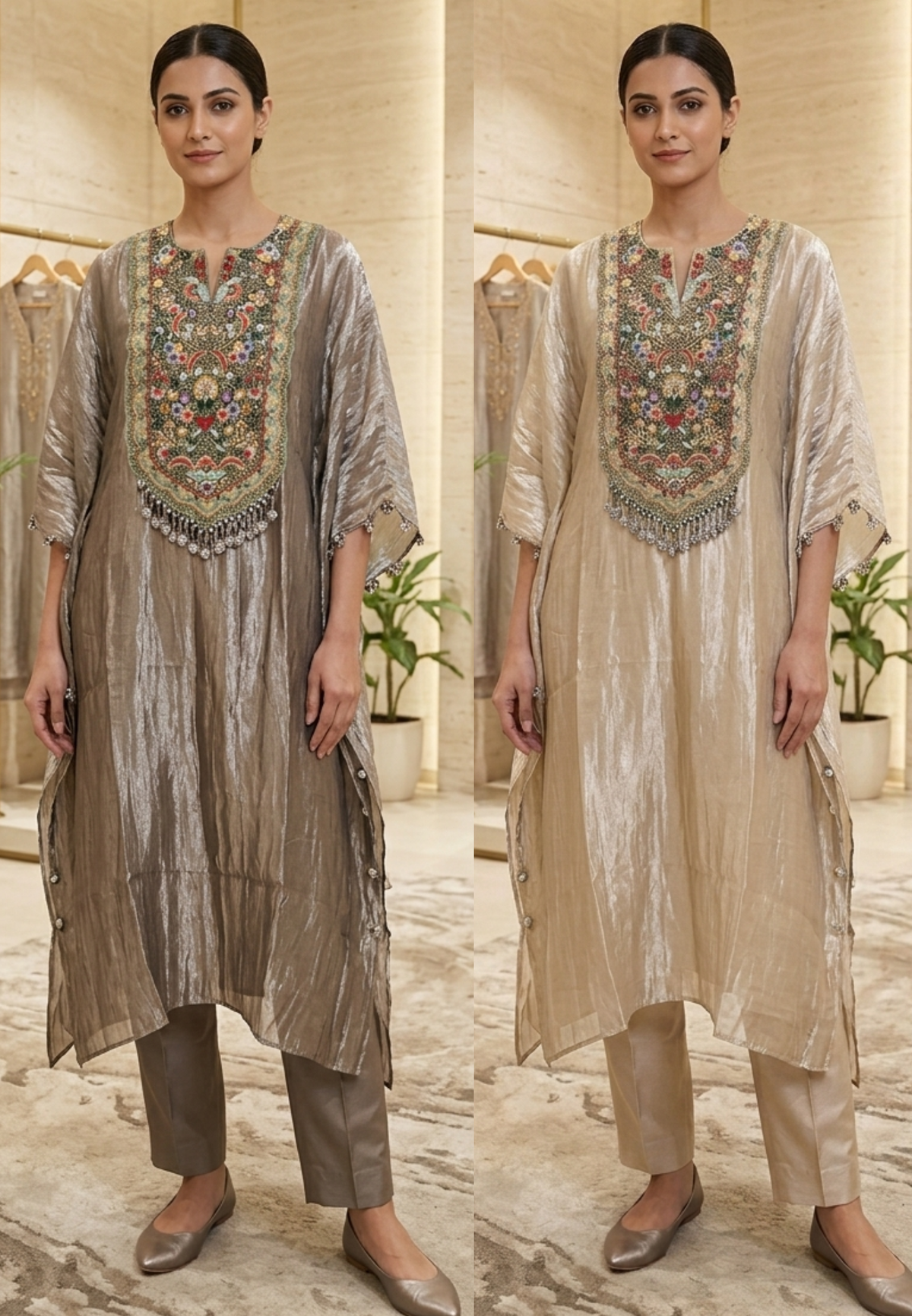 Premium Handcrafted Tissue Kaftan with Bottom And Multicolor Floral Embroidery-15684