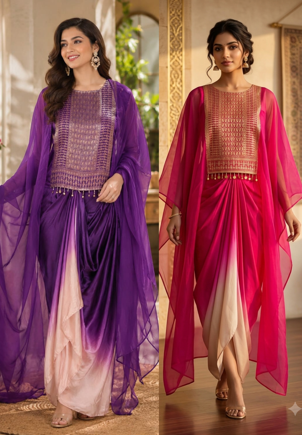 Fuchsia & Purple Ombre Draped Indo-Western Kaftan Set with Gold Brocade Tassel Yoke- 15544