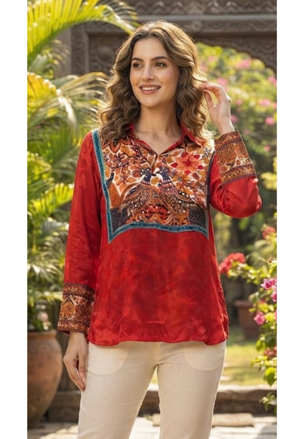 Multicolor Bohemian Bird & Figures Print Casual Crepe Shirt- 15434