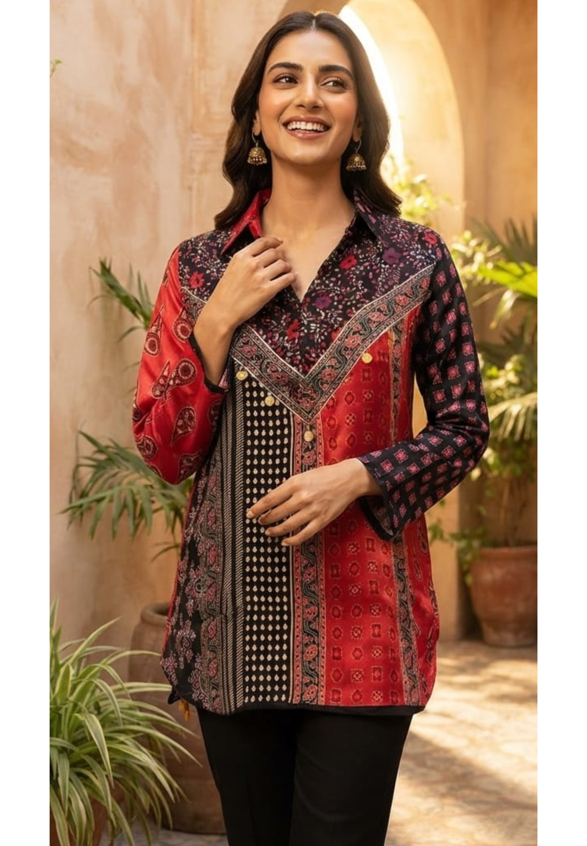 Geometric Floral Block Print Multi Toned Casual Crepe Shirt- 15434