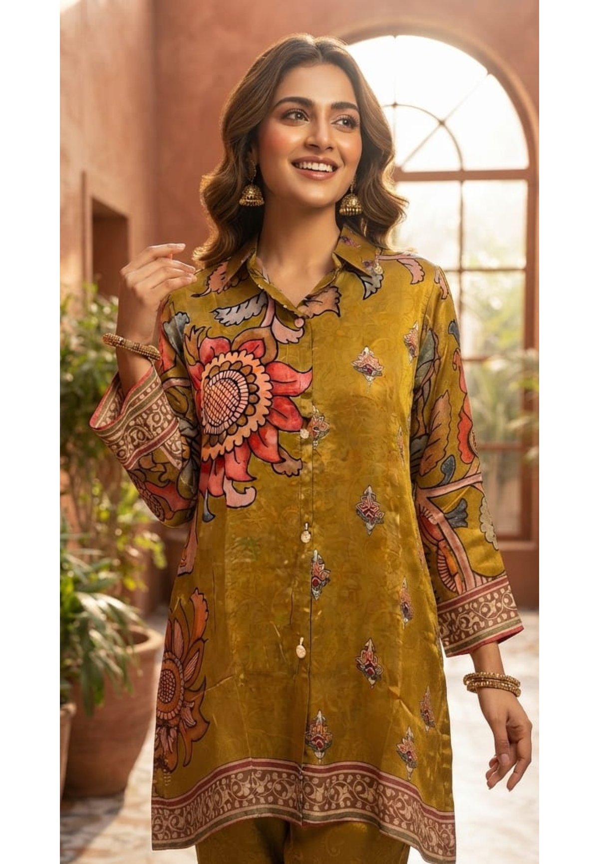 Lime Elegance Sun Inspired Floral Print Crepe Casual Shirts- 15434