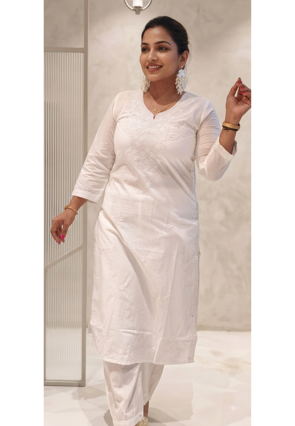 Fine Thread Intricate Embroidery Chikankari Cotton Kurti Only- 15874
