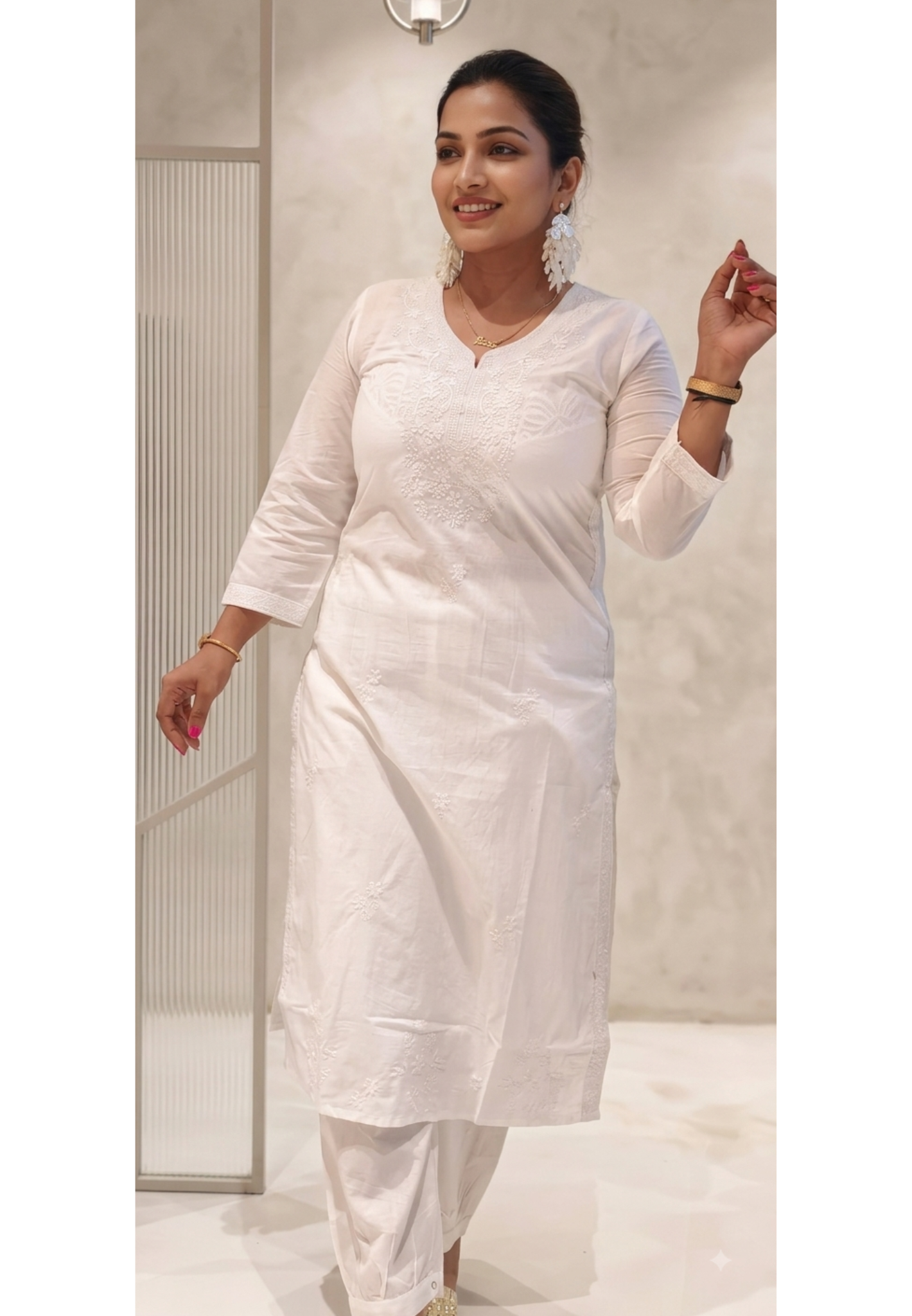 Fine Thread Intricate Embroidery Chikankari Cotton Kurti Only- 15874