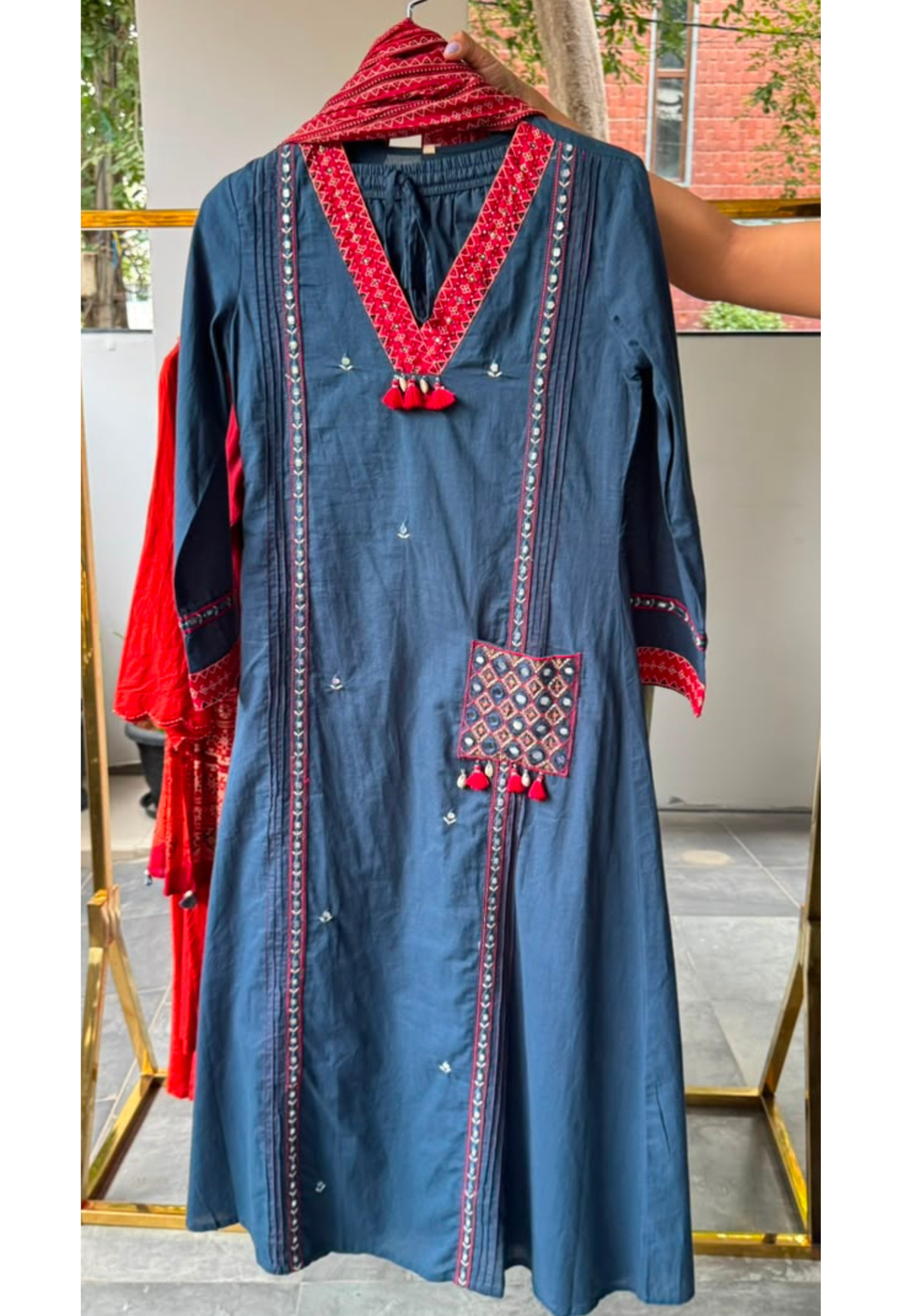 Boho Tassel Accent Pocket Style Cotton A-Line Full Suit Set With Dupatta- 15776