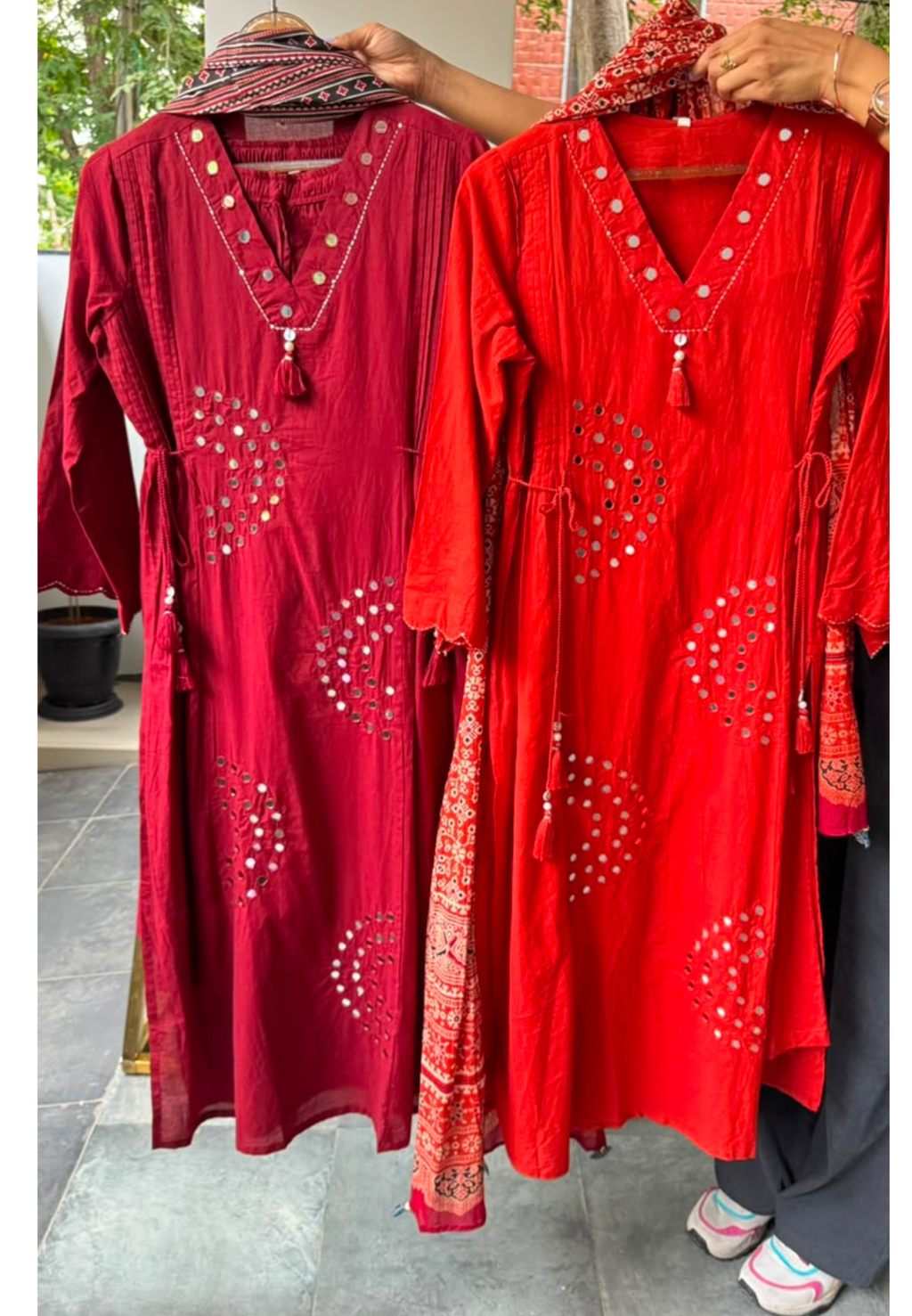 Real Mirror Rounded Embroidery Upwork Cotton A-Line Full Suit Set With Dupatta- 15783