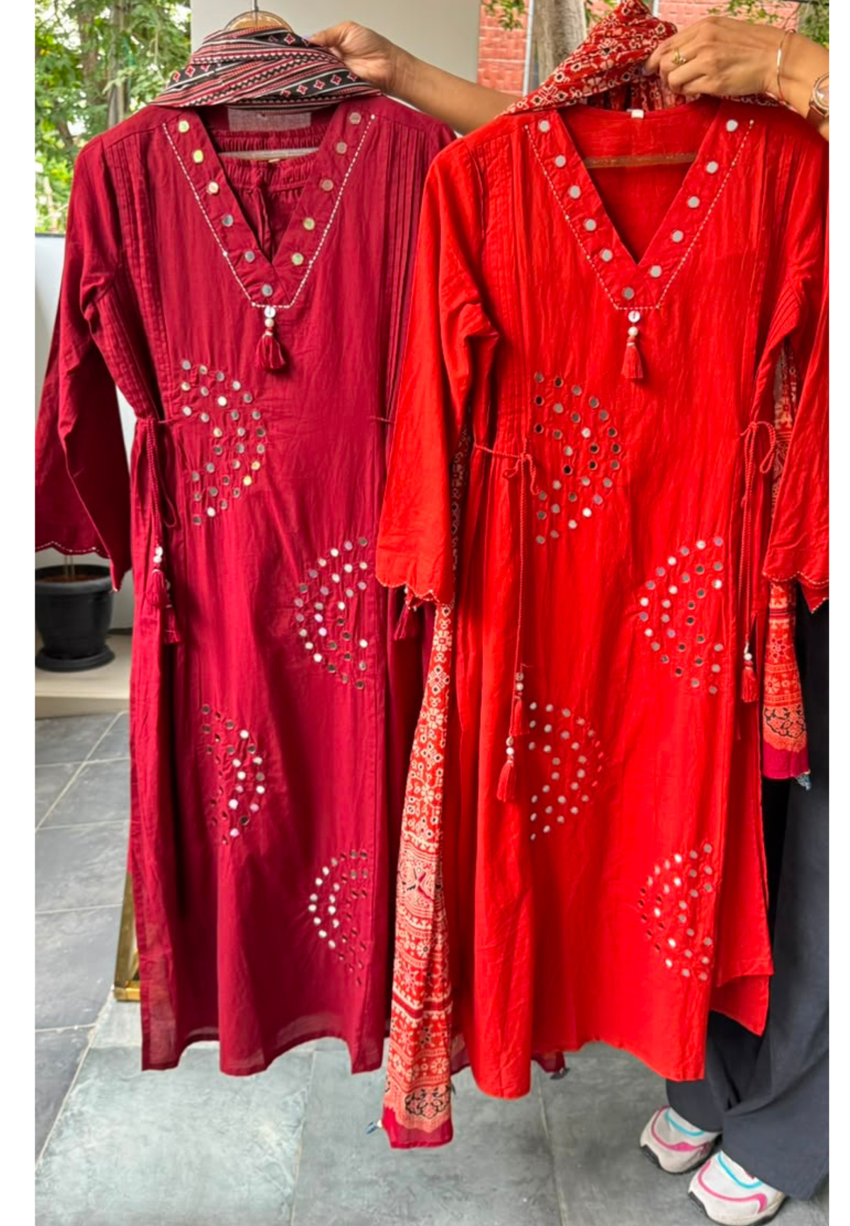 Real Mirror Rounded Embroidery Upwork Cotton A-Line Full Suit Set With Dupatta- 15783