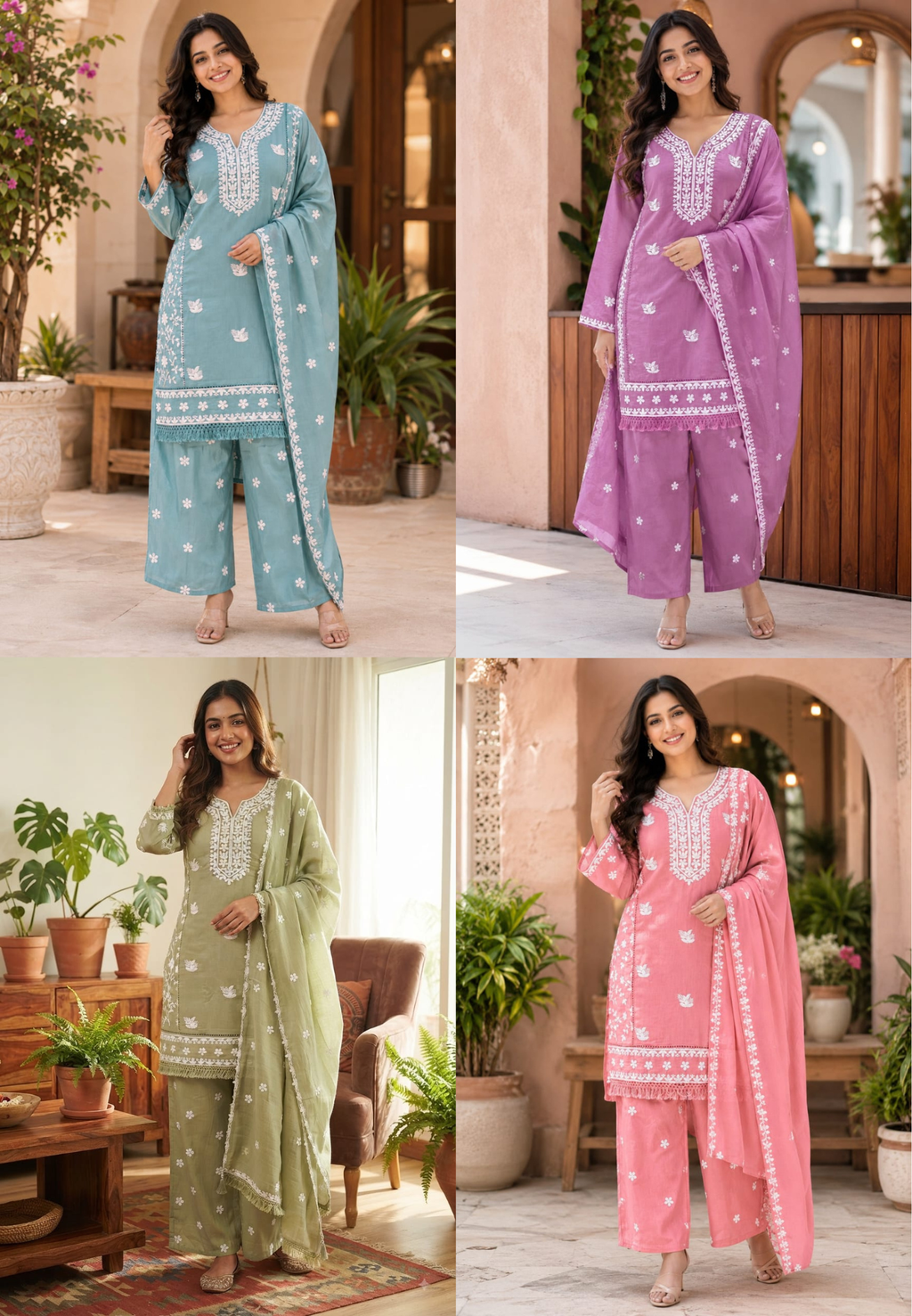 Floral Intricate Thread Embroidered Premium Surat Mul-Chanderi Straight Full Suit Set With Dupatta- 15893