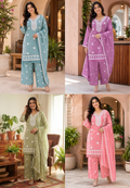 Floral Intricate Thread Embroidered Premium Surat Mul-Chanderi Straight Full Suit Set With Dupatta- 15893