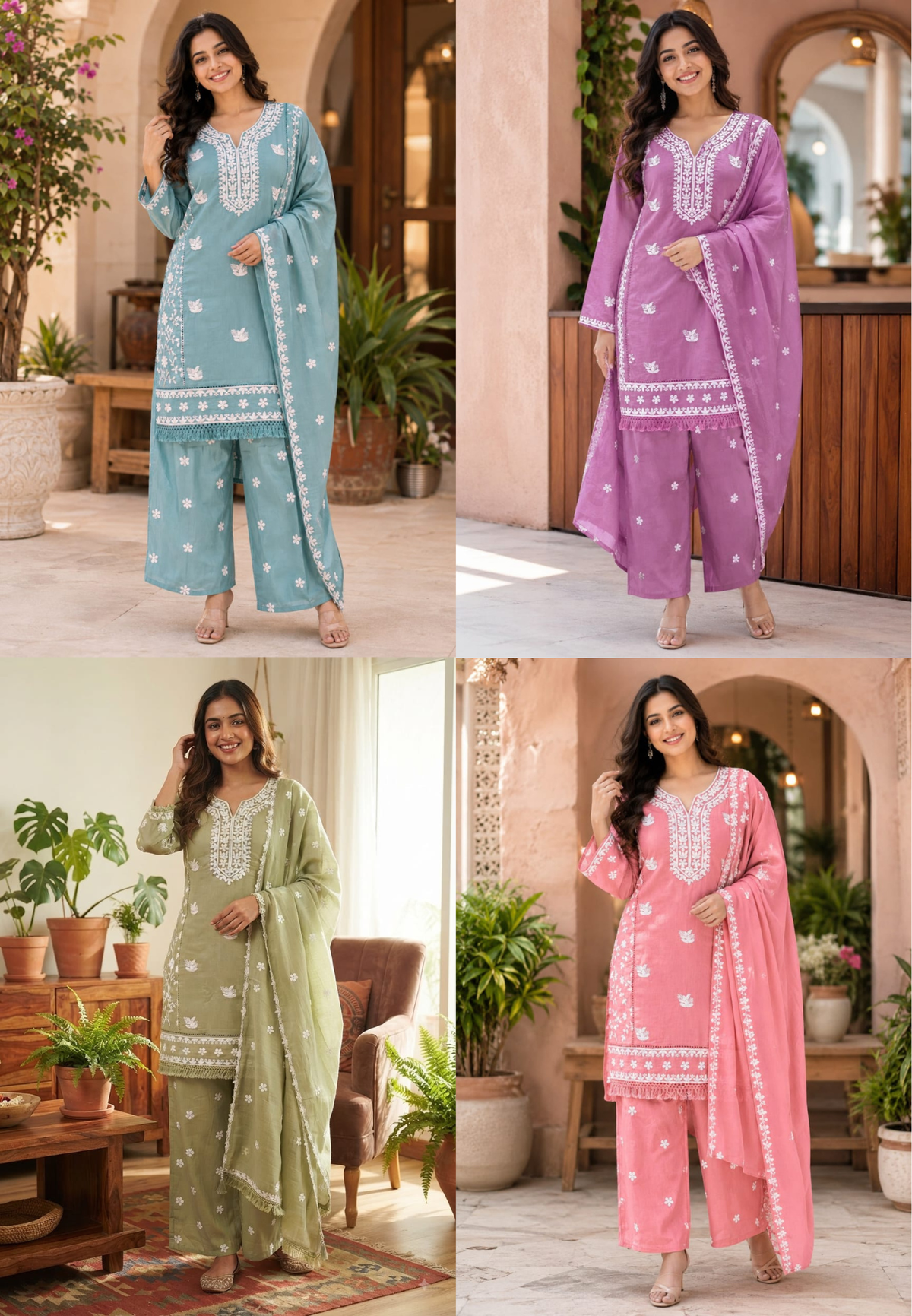 Floral Intricate Thread Embroidered Premium Surat Mul-Chanderi Straight Full Suit Set With Dupatta- 15893