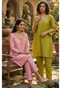 Leavy Embroidered Neckline With Cut-Dana Upwork Russian Silk Co-Ord Set- 15125
