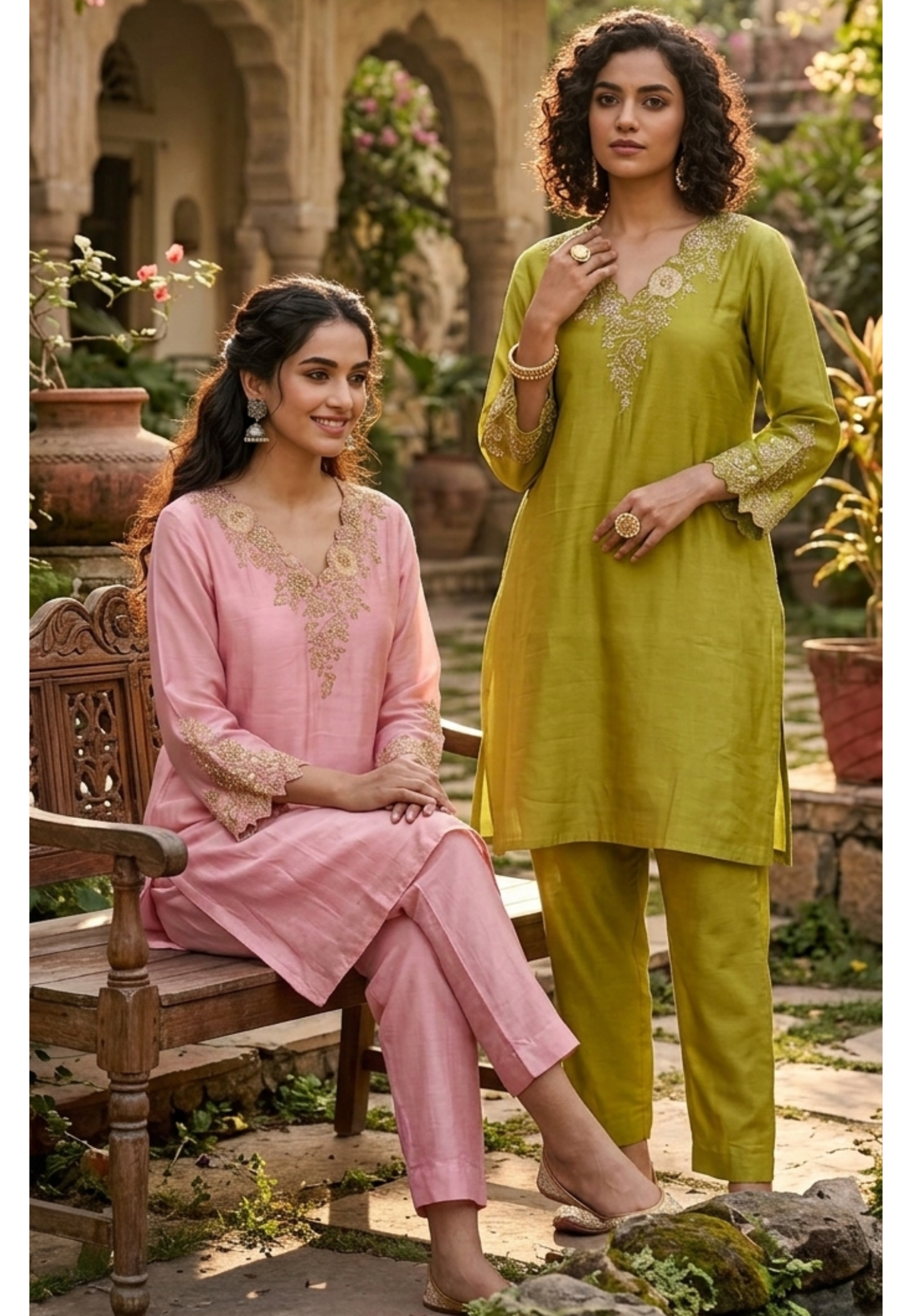 Leavy Embroidered Neckline With Cut-Dana Upwork Russian Silk Co-Ord Set- 15125