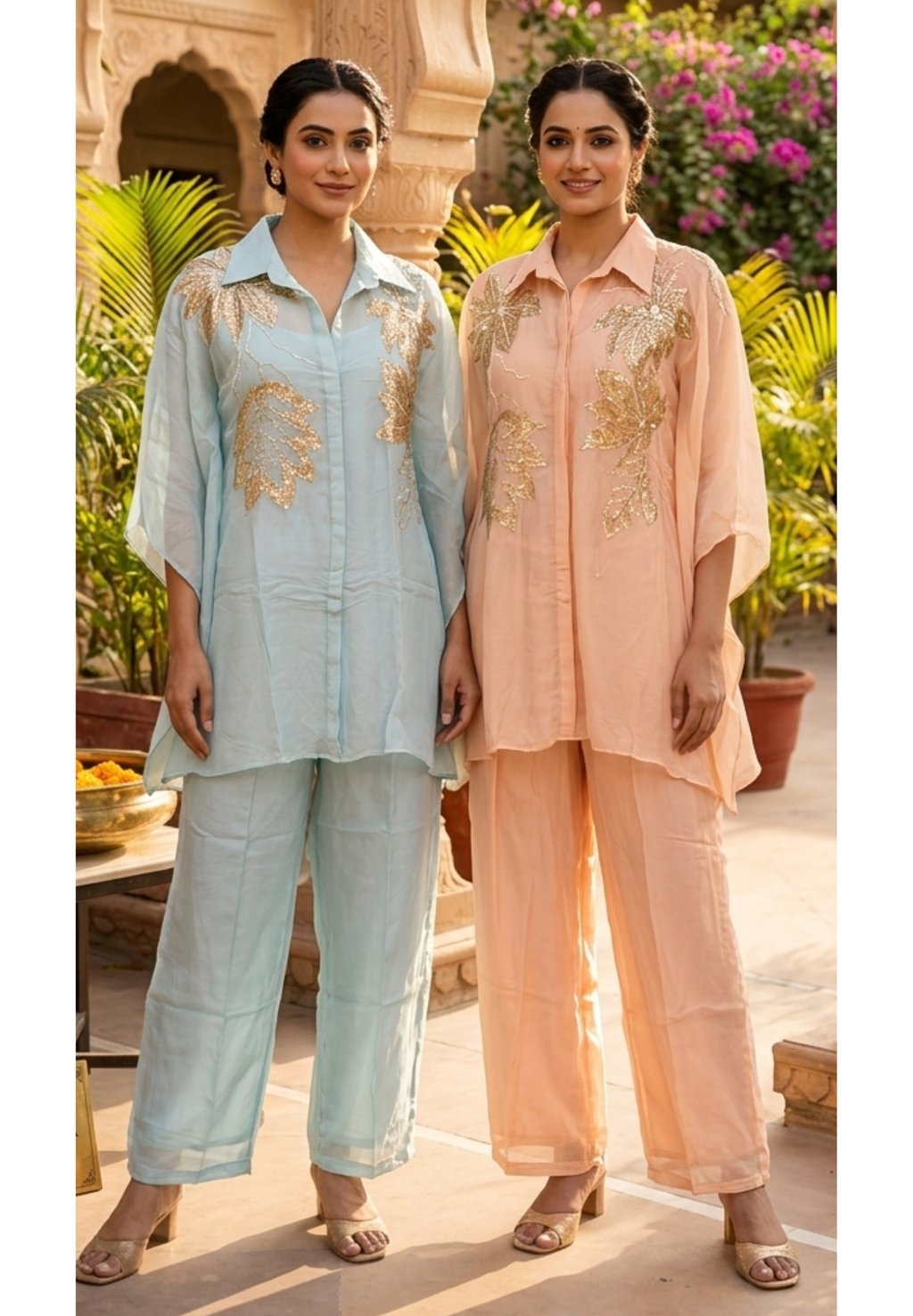 Shiny Sequin Cut-Dana Leaf Elegance Kaftan Style Sleeve Premium Co-Ord Set- 15944