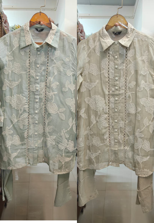 Beige/Cream Floral Embroidered Button-Down Co-Ord Set with Lace Panels & Crosia Collar- 15968