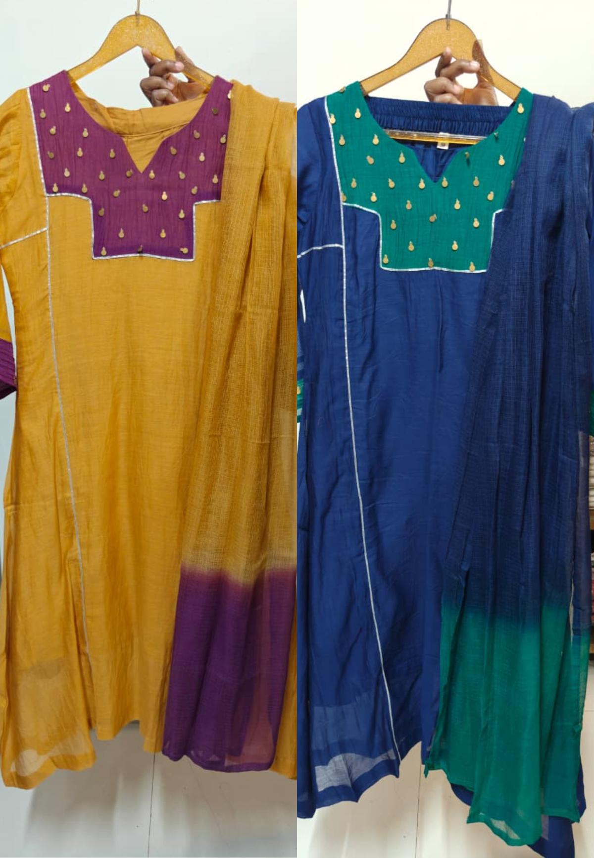 Scattered Foil Tasseled Assymetric Yoke Dual Tone A-Line Full Suit Set With Dupatta- 15992