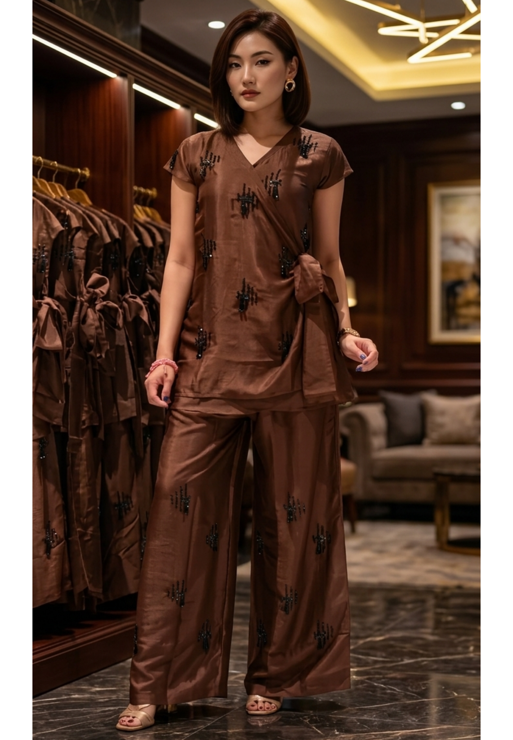 Chocolate Brown Embellished Wrap Tie Top and Wide-Leg Pants Co-Ord In Shimmer Tissue Fabric- 16063