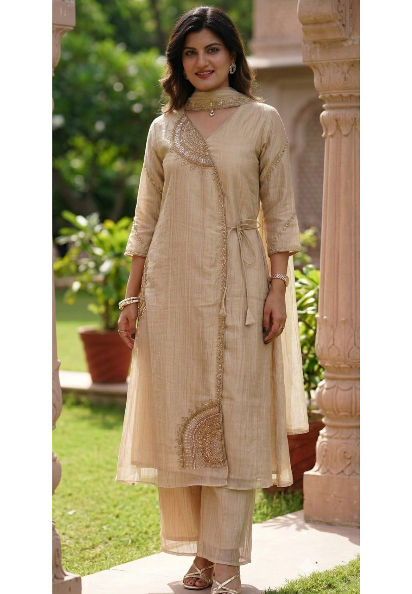 Elegant Cut-Dana With Sequin Half Rounded Embroidery Angrakha Style Salsa Fabric A-Line Full Suit Set With Chowker Dupatta- 15973