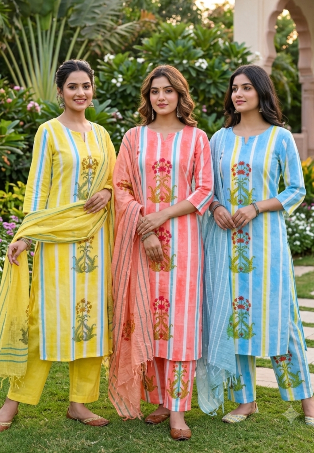 Candy Striped Floral Print Straight Full Suit Set With Dupatta In Cotton Fabric- 15821