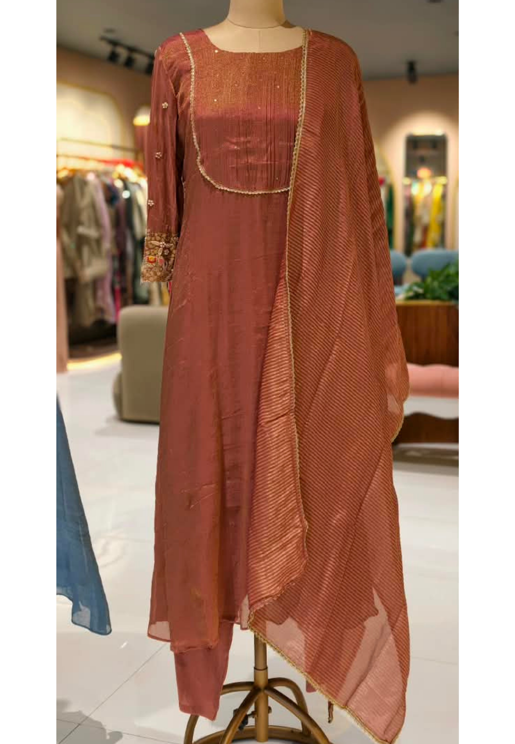 Elegant Classic Antique Figure Hand Emroidery Work Crush Tissue Anarkali Full Suit Set With Dupatta- 16128