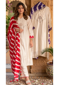 Creamish White Zardosi Ivory Embroidered Yoke With Vibrant Contrasted Twin Color Russian Silk Full Suit Set With Striped Dupatta- 15984