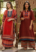 Assymetrical Linear Multicolor Prints Boho Look Kaftan Style Muslin Indo-Wear With Bottom- 16096, 16097