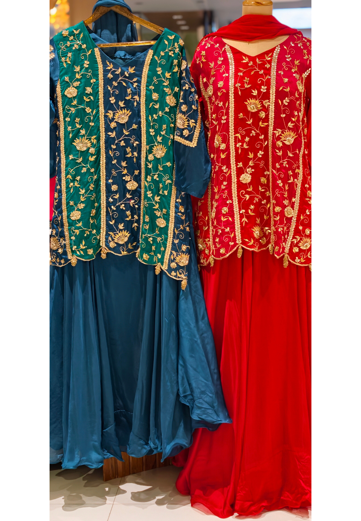 Heavy Gota Patti Embroidered Dual Tone Panel Short Kurti Set with Flared Skirt Bottom and Dupatta- 16132