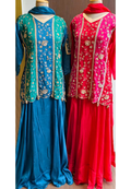 Heavy Gota Patti Embroidered Dual Tone Panel Short Kurti Set with Flared Skirt Bottom and Dupatta- 16132