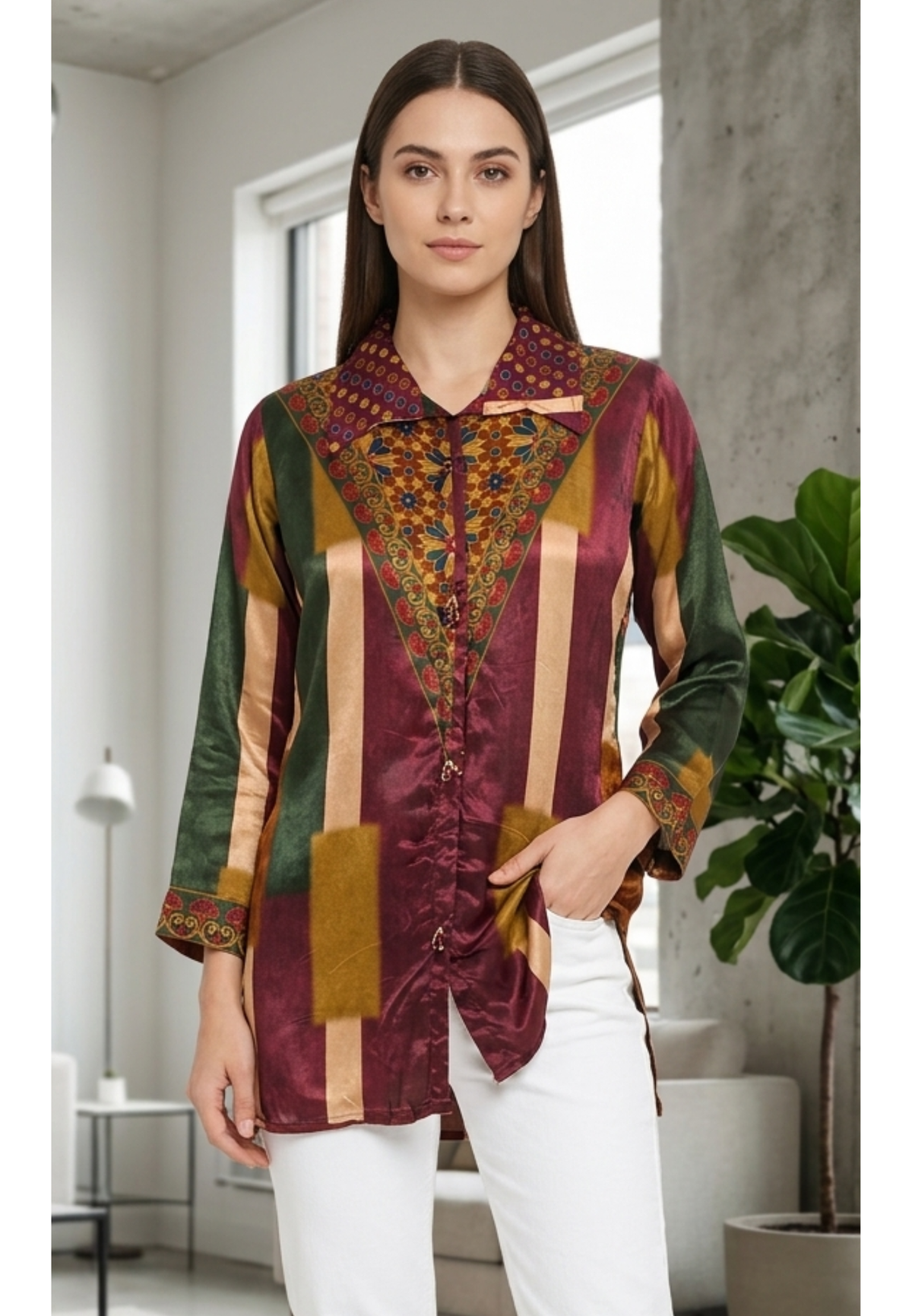 Ajrakh Assymetric Multicolor Print Crepe Casual Wear Shirt- 15323