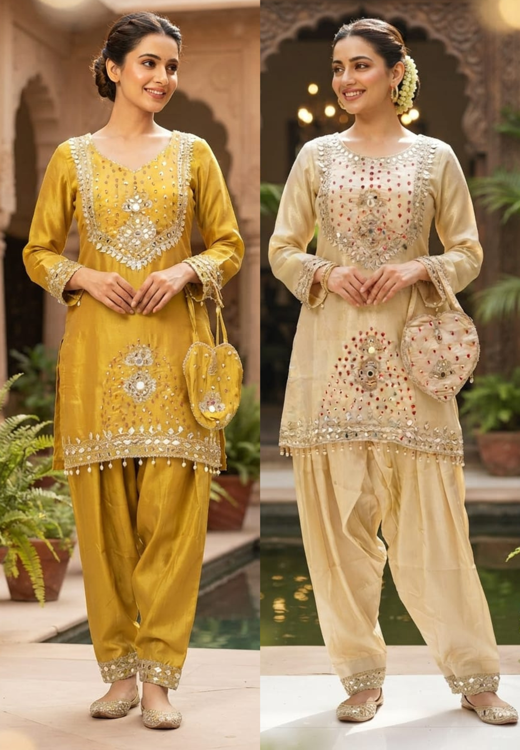 Heavy Foil Sequin Embellishment Short Length Kurta With Farsi Bottom & Seperate Potli In Silk Fabric- 16105
