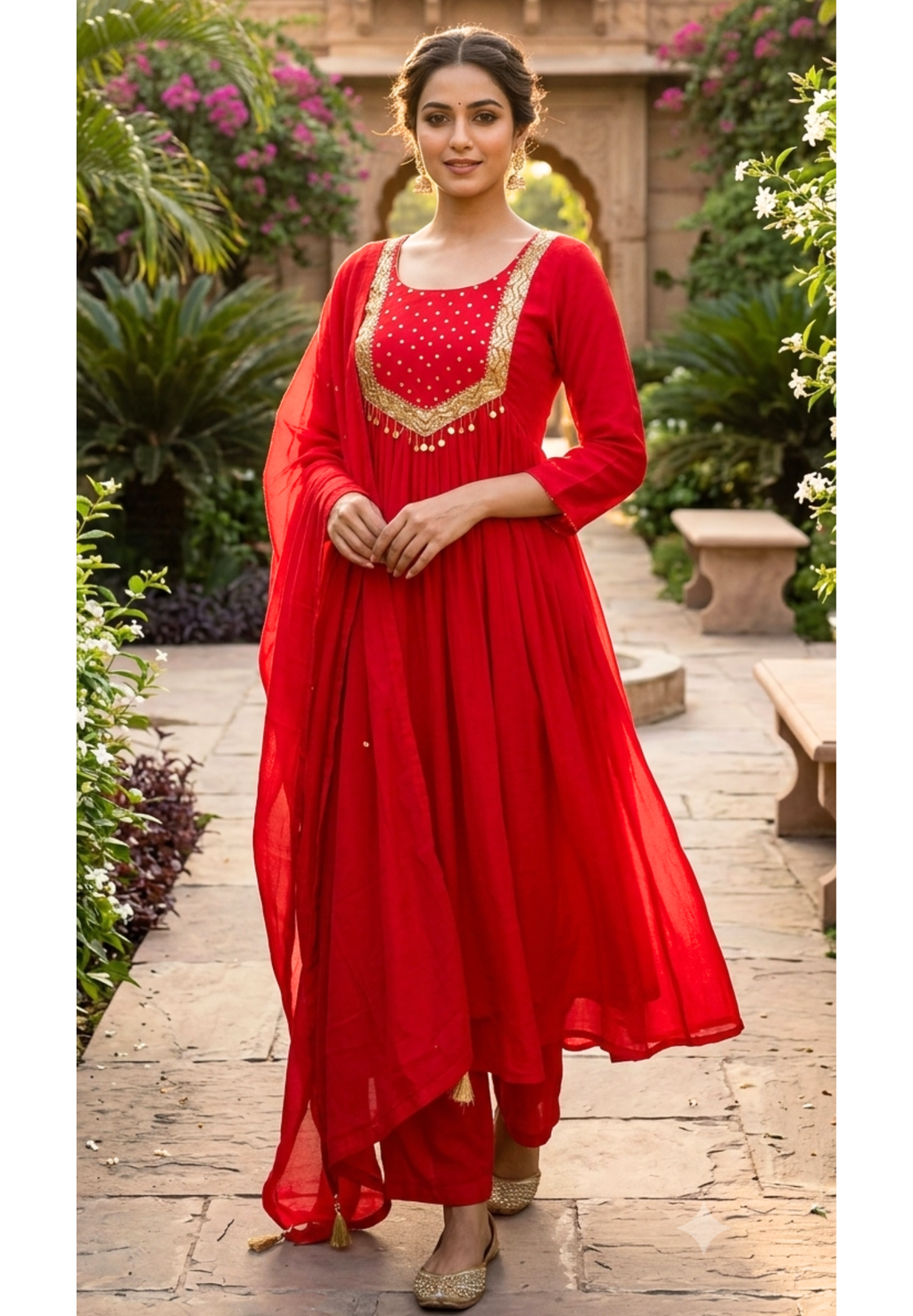 Golden Sequin Embellished Yoke Surat Mul-Chanderi A-Line Full Suit Set With Dupatta- 16019