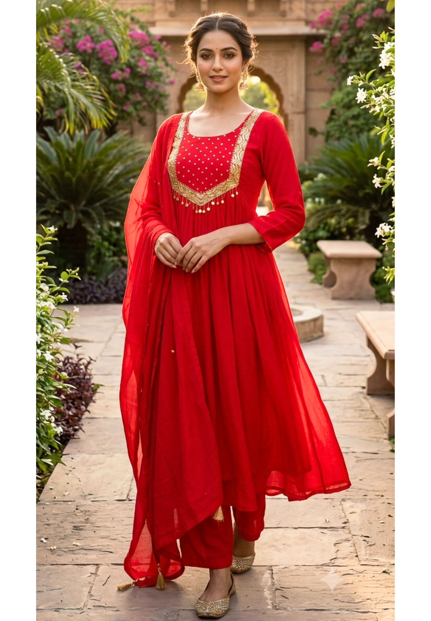 Golden Sequin Embellished Yoke Surat Mul-Chanderi A-Line Full Suit Set With Dupatta- 16019