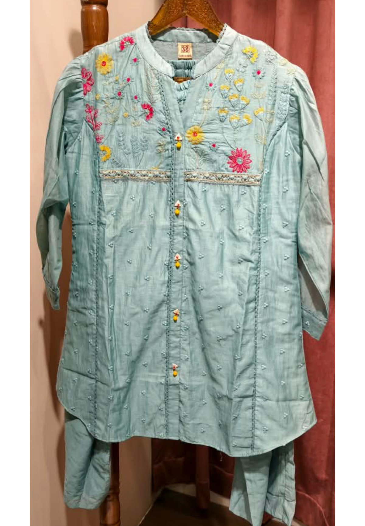 Sea Shore Pastel Shade Mul-Chanderi Co-Ord Set With Cute Floral Embroidered Motifs- 14002