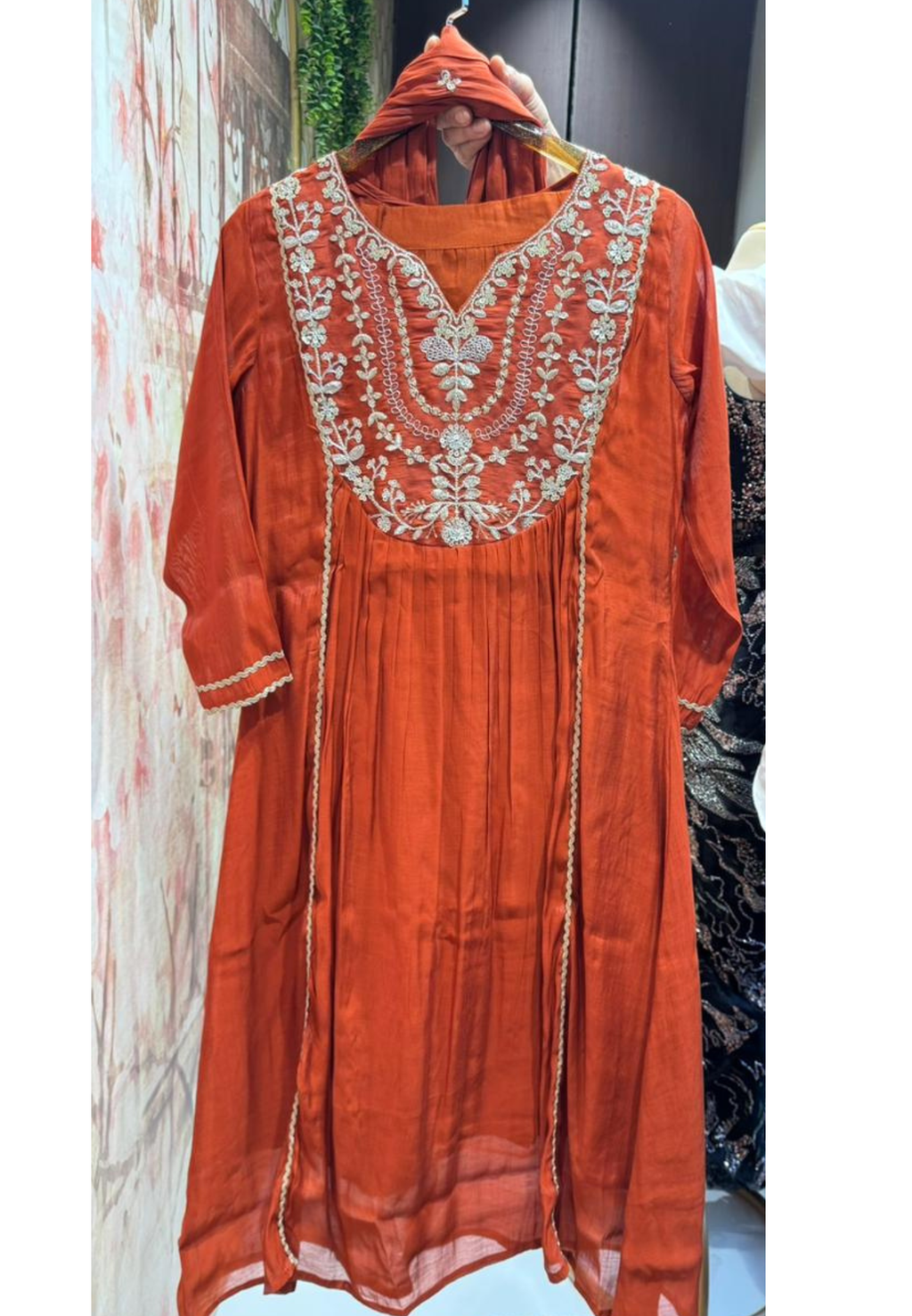 Heavy Zardosi Yoke Golden Panels A-Line Surat Mul-Chanderi Full Suit Set With Dupatta- 15845