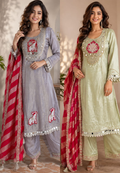 Lotus & Elephant Inspired Graceful Heavy Designer Work Shimmery Tissue A-Line Full Suit Set With Dupatta- 16232