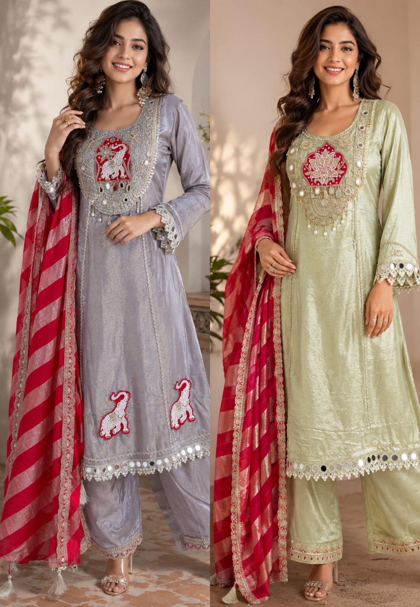 Lotus & Elephant Inspired Graceful Heavy Designer Work Shimmery Tissue A-Line Full Suit Set With Dupatta- 16232