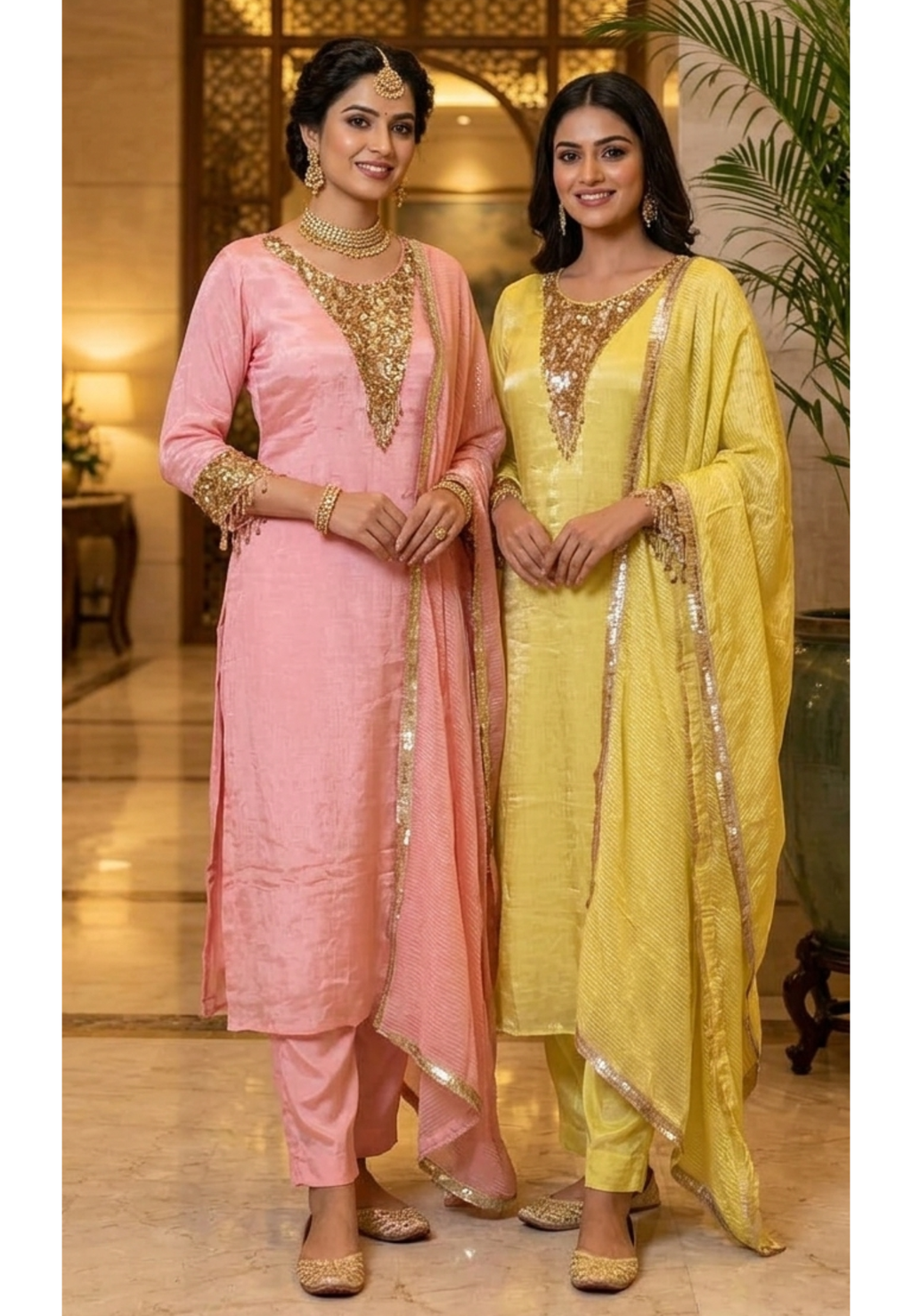 Heavy Shiny Sequin Embelishment Yoke & Sleeve Tissue Full Suit Set With Dupatta- 16129