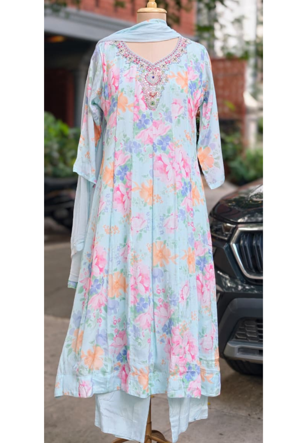 Spring Graceful Floral Printed Beautiful Neckline Panel Anarkali Full Suit Set With Dupatta In Chinon Fabric- 15960, 15962