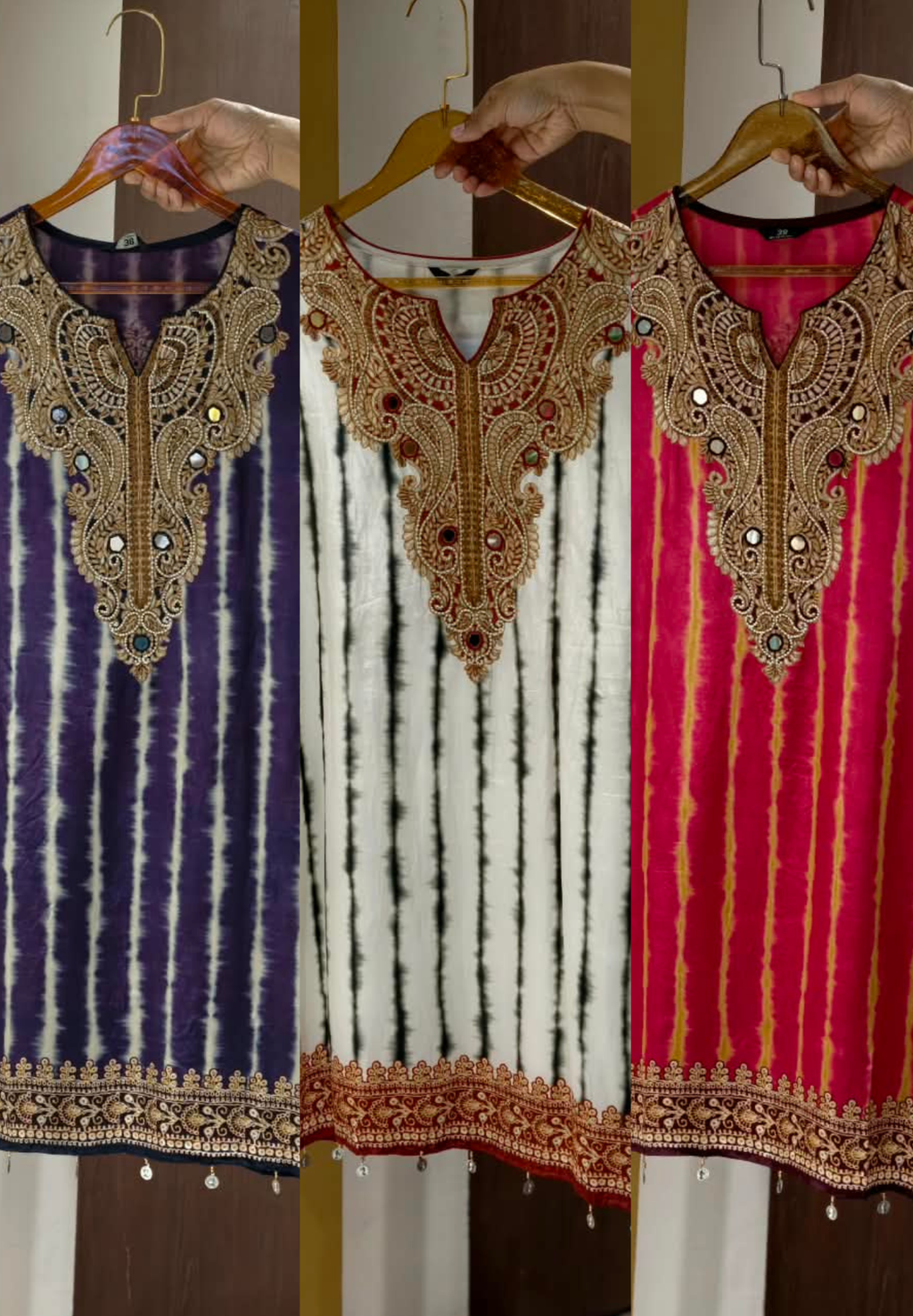 Jaipuri Inspired Pearl Real Mirror Embroidery Tassel Accent Crepe Kurta With Farsi Bottom & Dupatta- 15312