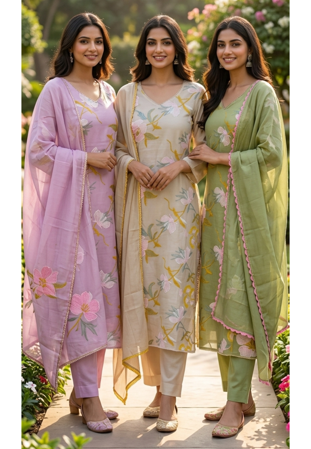 Elegant Applique Look Floral Embroidered 3-Piece Crush Surat Mul-Chanderi Full Suit Set With Dupatta- 15431
