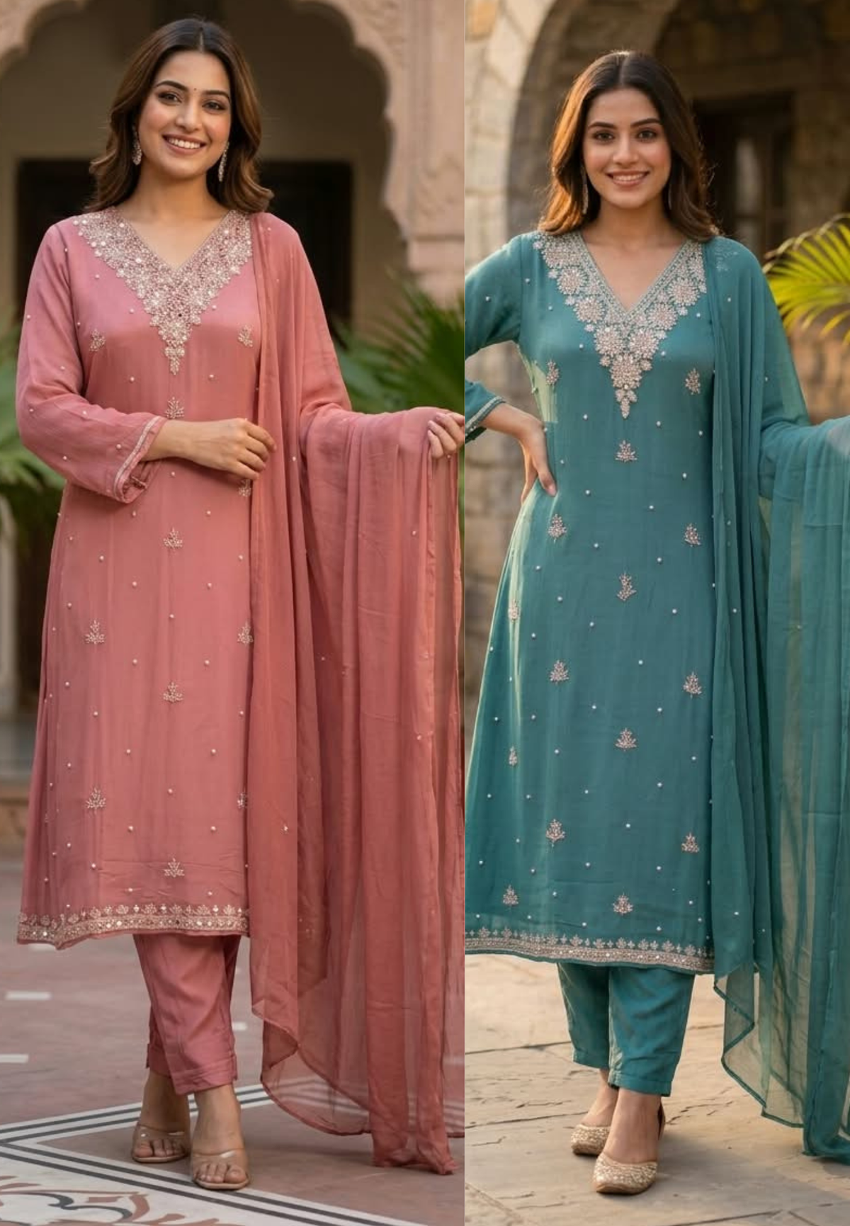 Elegant Real Mirror Zardosi Scattered Embroidery Chinon A-Line Full Suit Set With Dupatta- 16330