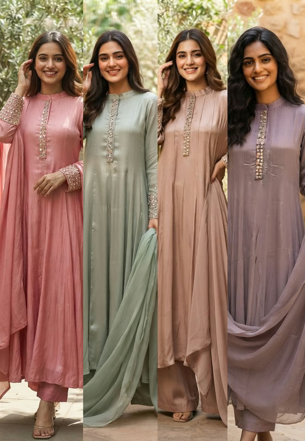 Pastel Tone Elegant Stone Work Over Neckline & Sleeves Full Neck Chinon Panel Anarkali Full Suit Set With Dupatta- 16305