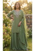 Graceful Green Brocade Touch Chinon Palazzo Full Suit Set With Dupatta With Neck Embroidery- 15603